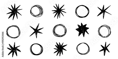 Star hand drawn set. Hand written sunburst outline stroke grunge graffiti isolated elements