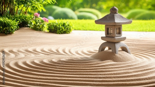 A peaceful zen garden with carefully raked sand patterns and a stone lantern. photo