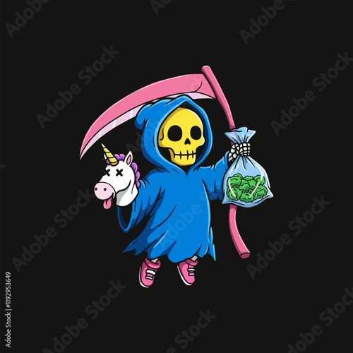 A stylized cartoon Grim Reaper figure carries a bag of marijuana and a unicorn puppet.