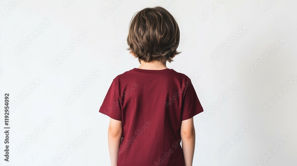 A mockup of a happy, child wearing a red maroon t-shirt, standing in a back view against a white background, full body view, for stock photo use A mockup of a happy, child wearing a red maroon t-shirt, standing in a back view against a white background, full body view, for stock photo use