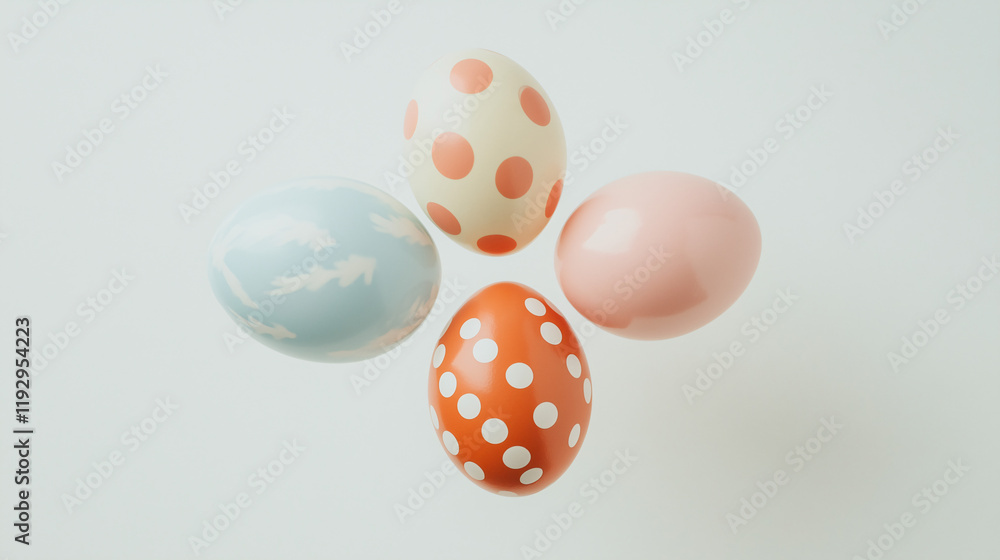 Easter Egg Celebration: Four beautifully decorated pastel Easter eggs float against a simple backdrop, each showcasing a unique and charming design. Easter Egg Celebration: Four beautifully decorated pastel Easter eggs float against a simple backdrop, each showcasing a unique and charming design.