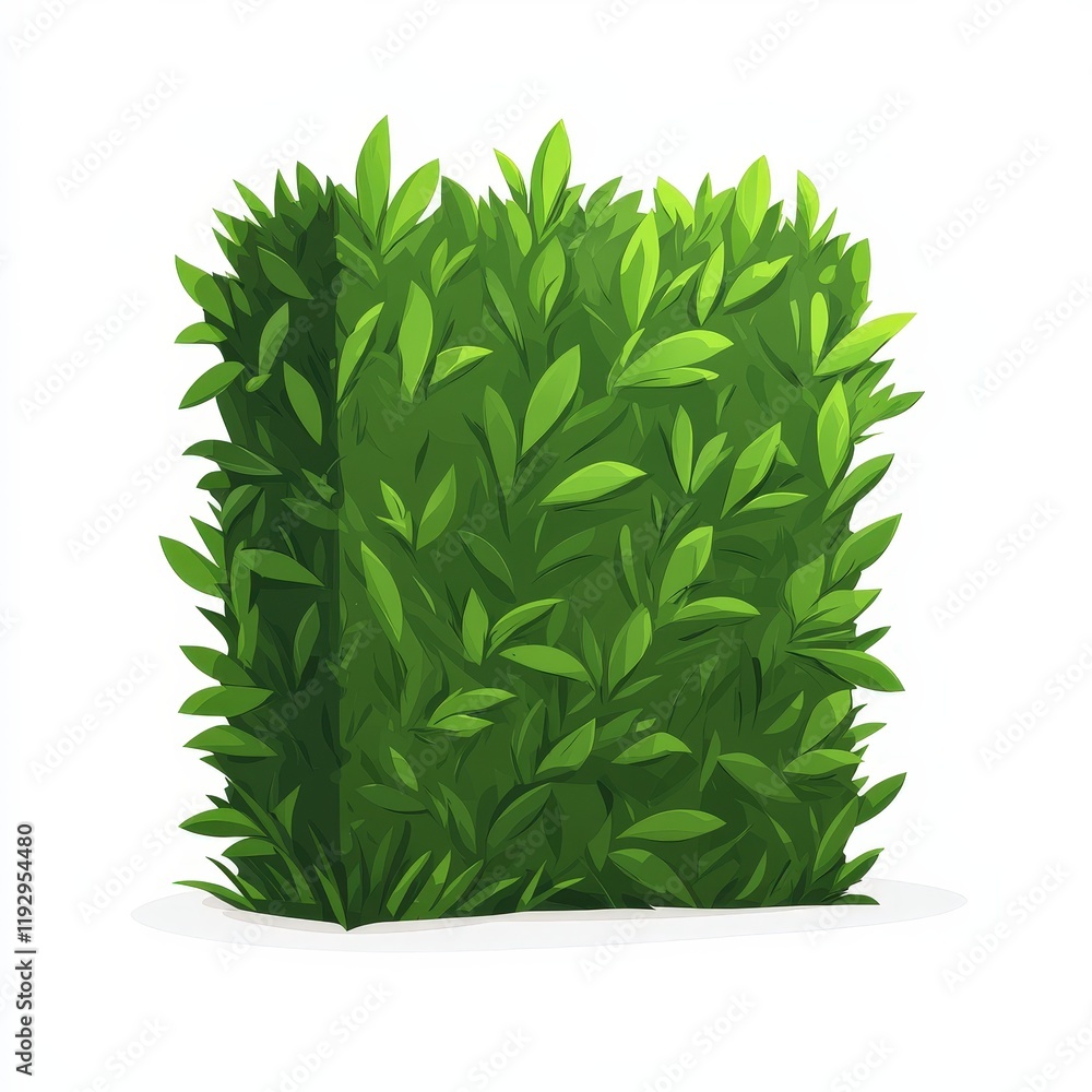 Obraz premium Bush of green leaves on white background with cartoon clipart of freshly trimmed hedge