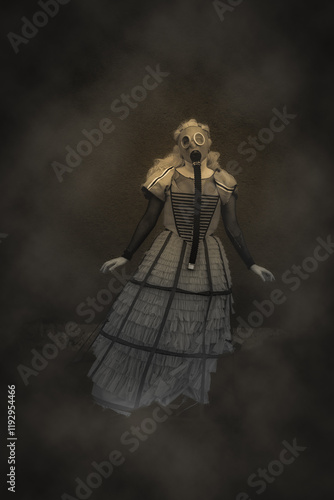 Принти на полотні A pretty girl cosplayer dressed in a suffocating gas mask with smoke or smog