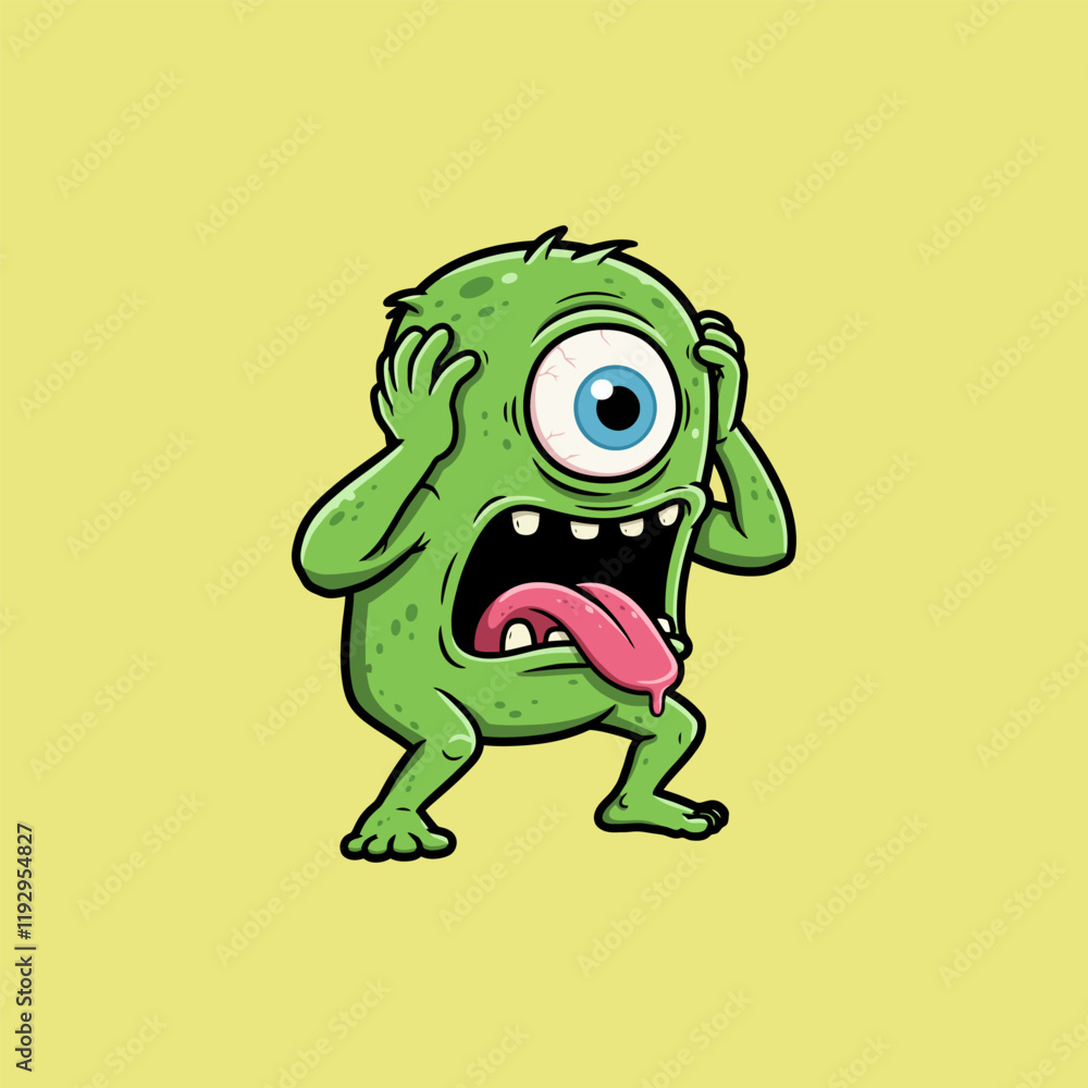 Obraz premium A cartoon illustration depicts a green one-eyed monster experiencing intense fear, clutching its head.