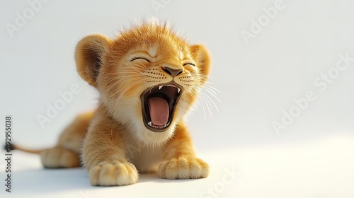 Adorable lion cub yawning widely on white background.