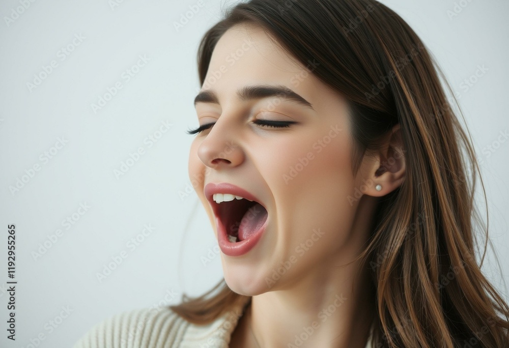 Female yawning portrait with relaxed expression and blurred background Female yawning portrait with relaxed expression and blurred background