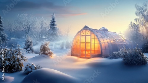 A winter greenhouse glowing with warm light amidst a snowy garden landscape.