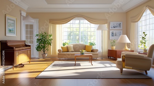 An elegant suburban apartment living room with cozy furniture and natural lighting.