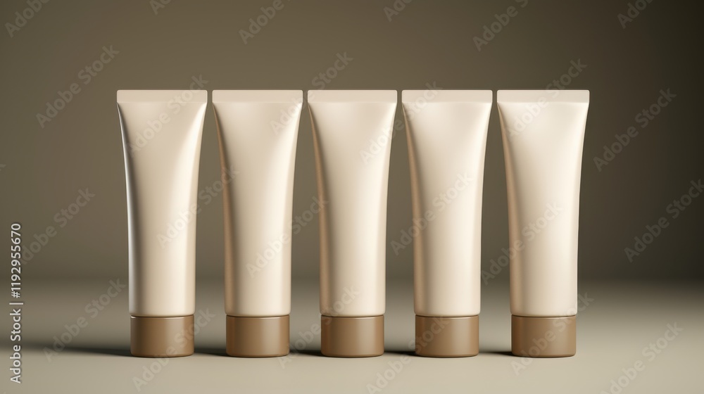 Collection of five similar cream tubes arranged in a row on a simple background showcasing modern packaging design and color variations for skincare or cosmetic use Collection of five similar cream tubes arranged in a row on a simple background showcasing modern packaging design and color variations for skincare or cosmetic use