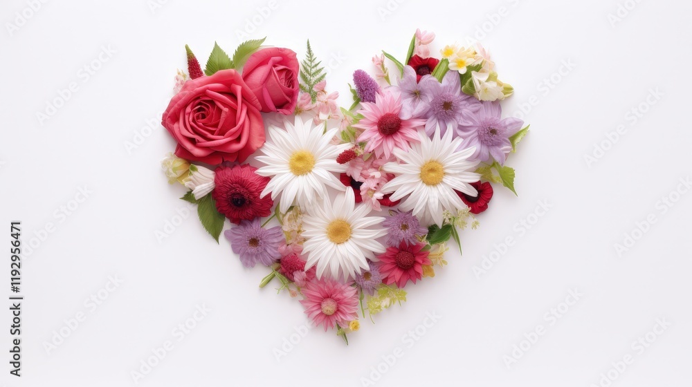 Beautiful Heart Shape Arrangement of Mixed Flowers on White Background for Romantic and Creative Projects