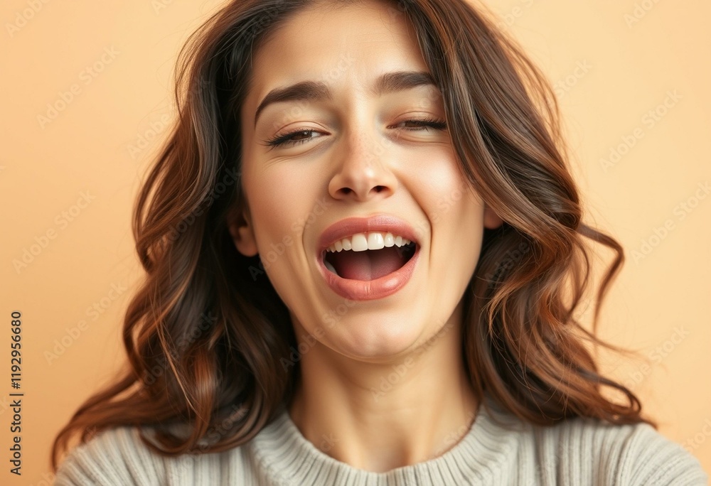 Woman yawning with relaxed expression on beige background Woman yawning with relaxed expression on beige background