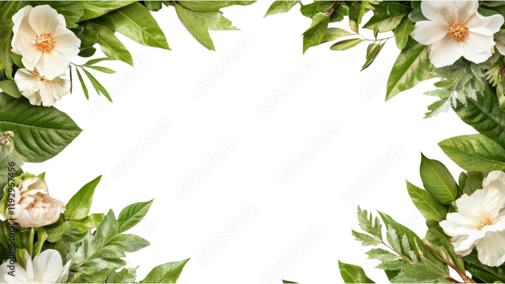 Fototapeta premium Floral frame with white flowers and green leaves on transparent background.