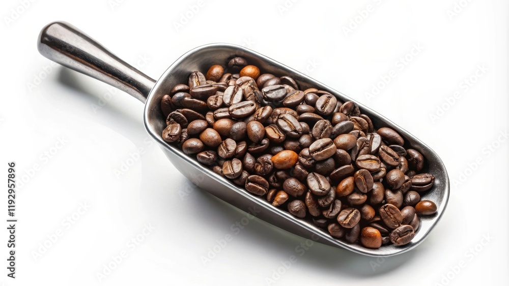 Fototapeta premium A metal scoop overflowing with roasted coffee beans