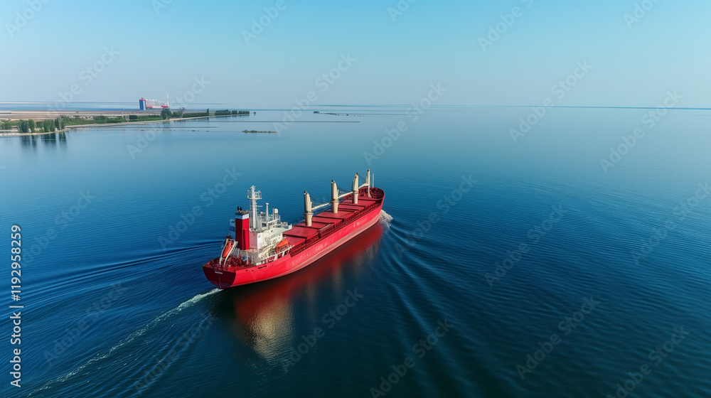 Fototapeta premium Vessel Navigating Open Waters, Distant Realistic Seascape View, Nautical Exploration Theme.