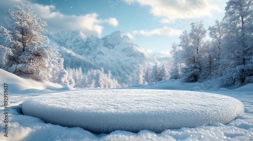 Snowy Landscape with Frosted Trees and Mountains in the Background. Generative AI photo