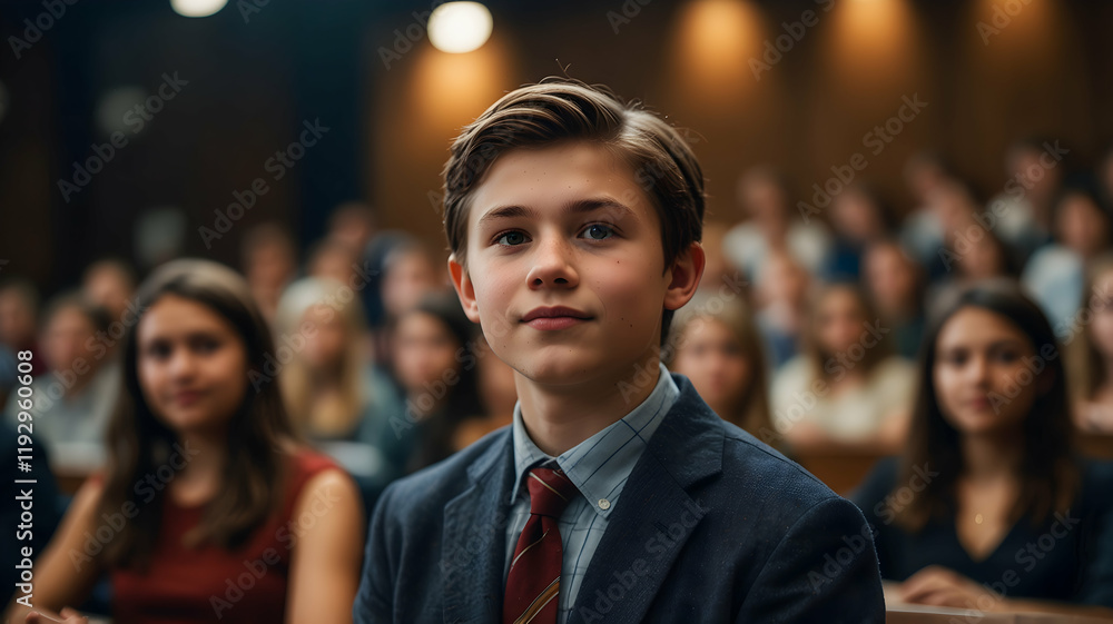 Obraz premium Focused preteen boy in formal wear amidst a lecture hall audience