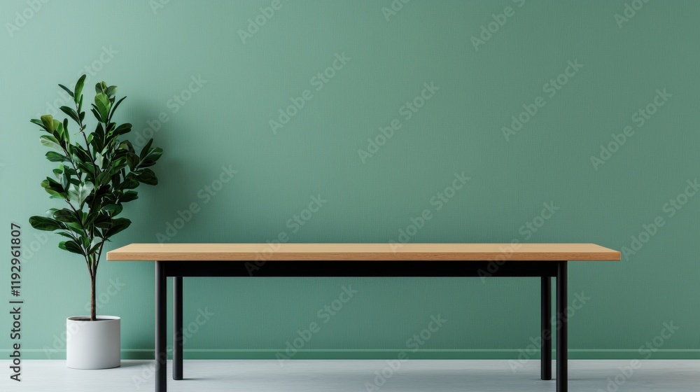 Empty table enhancing the work environment in a sleek, eco-friendly office Empty table enhancing the work environment in a sleek, eco-friendly office