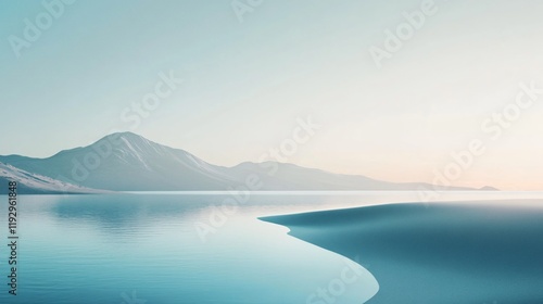 A serene seascape with calm waters, distant mountains, and a soft, pastel color palette evoking tranquility and peace, captured at dawn's first light. photo