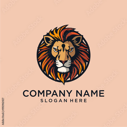 Lion Logo, Lion Head Emblem, Feline Portrait, Predator Icon, Wildlife Symbol, Majestic Lion Design, Circular Lion Badge, Orange and Brown Lion Logo, The Lion's Gaze, The King of Beasts, Fierce Feline 