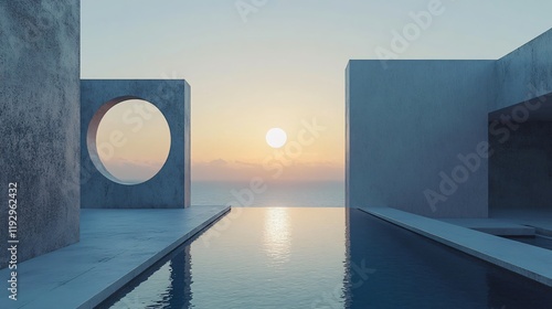 An artistic depiction of modern architecture with geometric structures set against a breathtaking sunset, highlighting the elegance of minimalistic design. photo