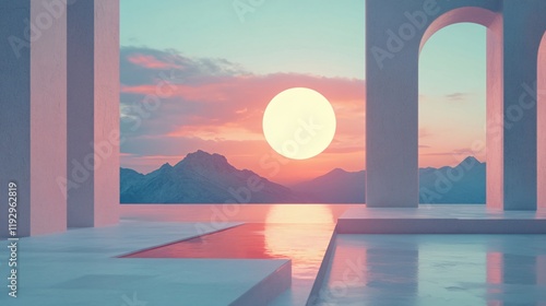 A mesmerizing view of a golden sunset casting warm hues through arches, overlooking a tranquil lake and dramatic mountain landscape, evoking peace and wonder. photo