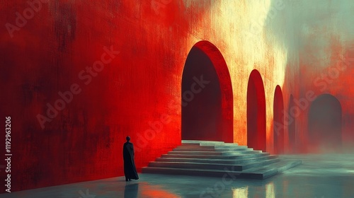 Dreamlike Red Arches and Steps. Generative AI photo