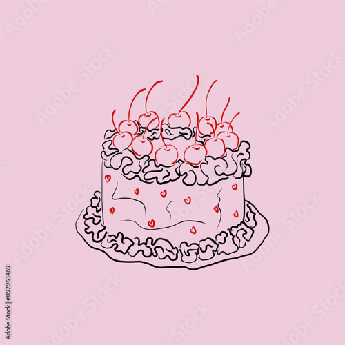 Vintage cake with cherries coquette design. Hand drawn sweet bakery product with decorative hearts cherry cream for birthday, wedding, valentines day cards. Vector illustration