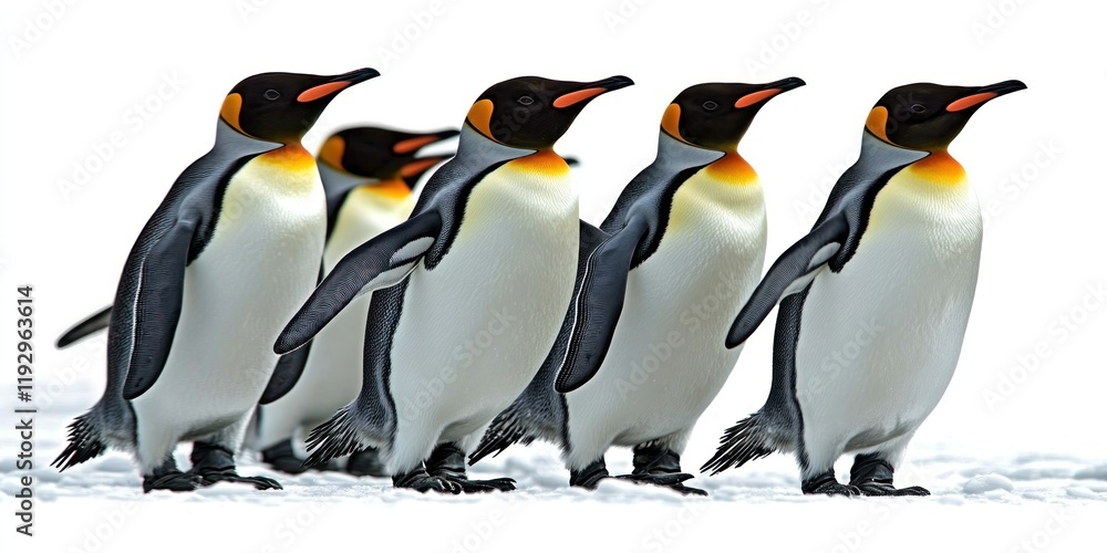 Fototapeta premium A group of penguins marches forward in perfect formation on a white background, embodying themes of teamwork, unity, leadership, and cooperation with grace and purpose.