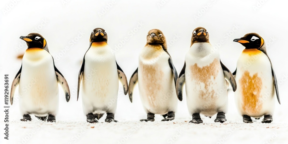 Obraz premium A group of penguins, in perfect formation, marching forward on a white background, symbolizing teamwork, unity, leadership, and cooperation.
