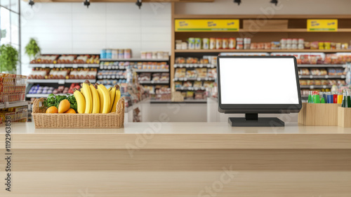 supermarket checkout counter with empty lightbox, fresh fruits, and tidy display. atmosphere is inviting and organized