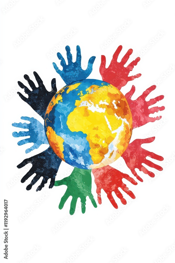 Fototapeta premium Abstract globe with handprints in vibrant colors symbolizing unity