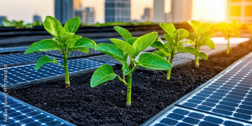 Fototapeta premium Urban Rooftop Garden with Solar Panels