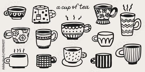Cute doodle cups of tea or coffee. Hand drawn vector set. Teacup collection for English afternoon tea ceremony