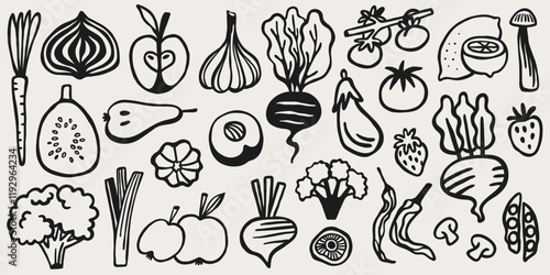 Cute vegetable hand drawn doodle elements. Vegetable shop vector set