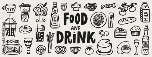 Cute food and drink hand drawn doodle elements. Cafe vector set, breakfast, brunch, lunch menu drawings