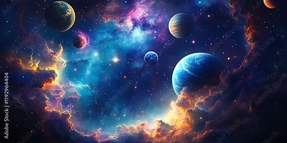A boundless night sky filled with colorful clouds, shimmering stars, and distant planets creates an ethereal deep space backdrop, inviting wonder and exploration some planet are seen
A boundless night sky filled with colorful clouds, shimmering stars, and distant planets creates an ethereal deep space backdrop, inviting wonder and exploration some planet are seen