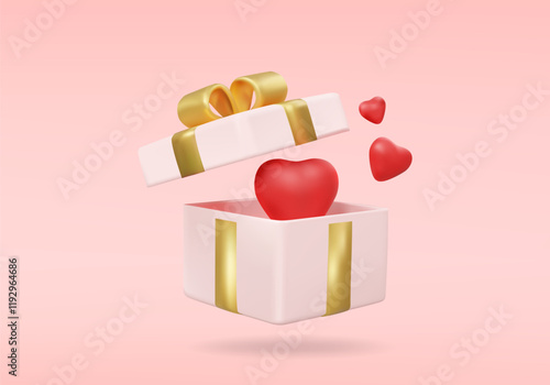 3D vector render illustration of a gift box icon with a red heart inside and floating out. It represents giving love, happiness, and giving on special occasions. celebration of important days