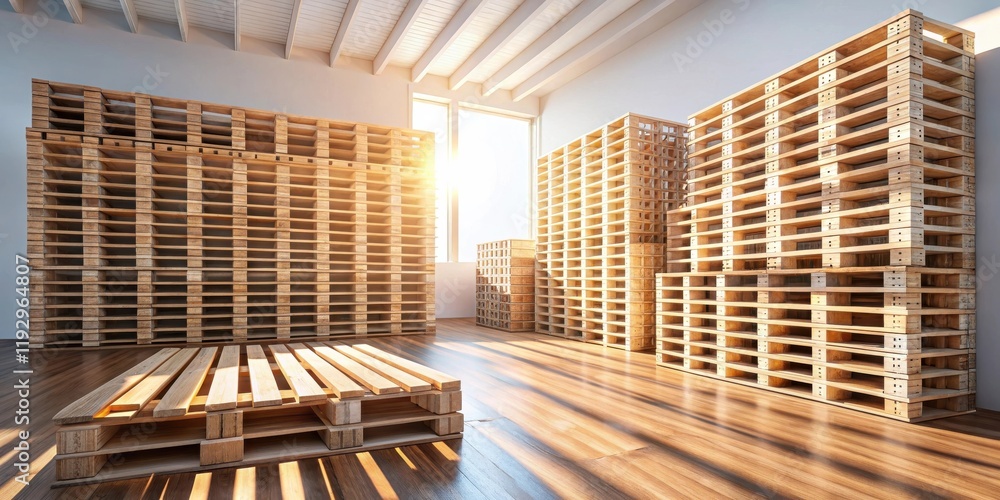 Sunlit Interior with Stacked Wooden Pallets Forming Unique Architectural Elements Sunlit Interior with Stacked Wooden Pallets Forming Unique Architectural Elements