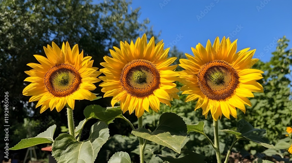Bright yellow sunflowers in full bloom against a vibrant blue summer sky. Bright yellow sunflowers in full bloom against a vibrant blue summer sky.