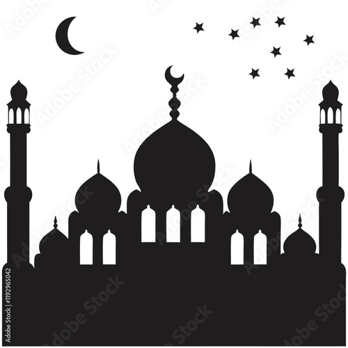 Islamic Mosque Silhouette Vector with Crescent Moon and Stars mosque silhouette, Islamic vector, crescent moon and mosque, black mosque illustration, Ramadan Kareem vector, Eid design element, Islamic