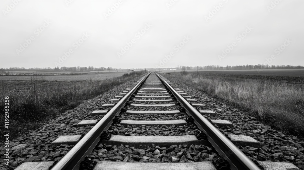 Monochrome view of railway tracks receding into a misty, flat landscape. Monochrome view of railway tracks receding into a misty, flat landscape.