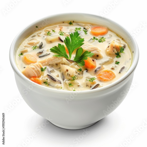A bowl of creamy chicken and wild rice soup with parsley garnish, isolated white background, realistic art style