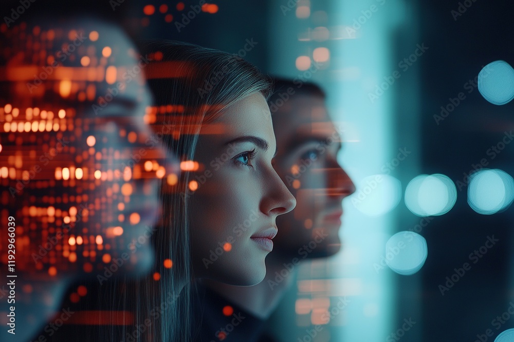 Group of individuals contemplating data analysis in a modern, tech-inspired environment at night Group of individuals contemplating data analysis in a modern, tech-inspired environment at night