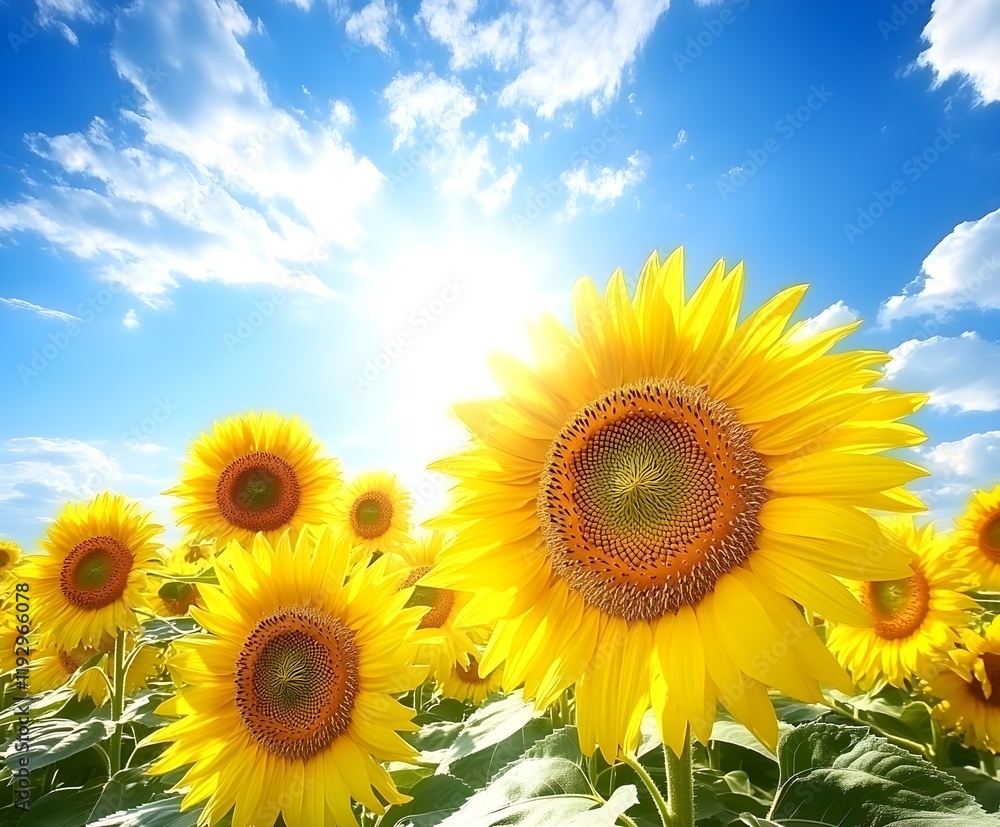Fototapeta premium Bright yellow sunflowers in full bloom against a vibrant blue summer sky.