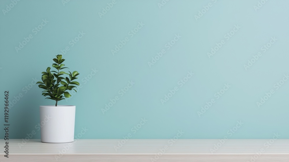 Minimalist home office setup featuring empty table, plant, and light blue wall, ideal for productive work Minimalist home office setup featuring empty table, plant, and light blue wall, ideal for productive work