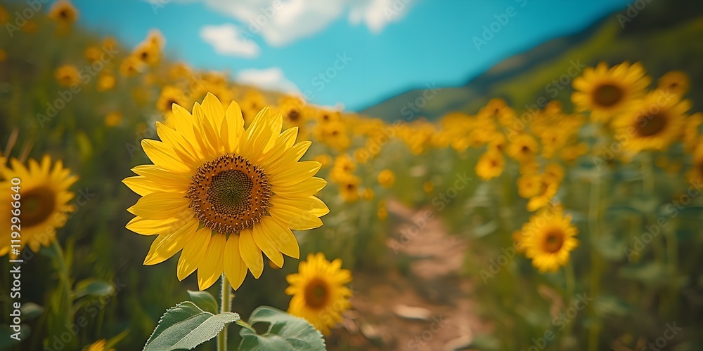 Fototapeta premium Bright yellow sunflowers in full bloom against a vibrant blue summer sky.