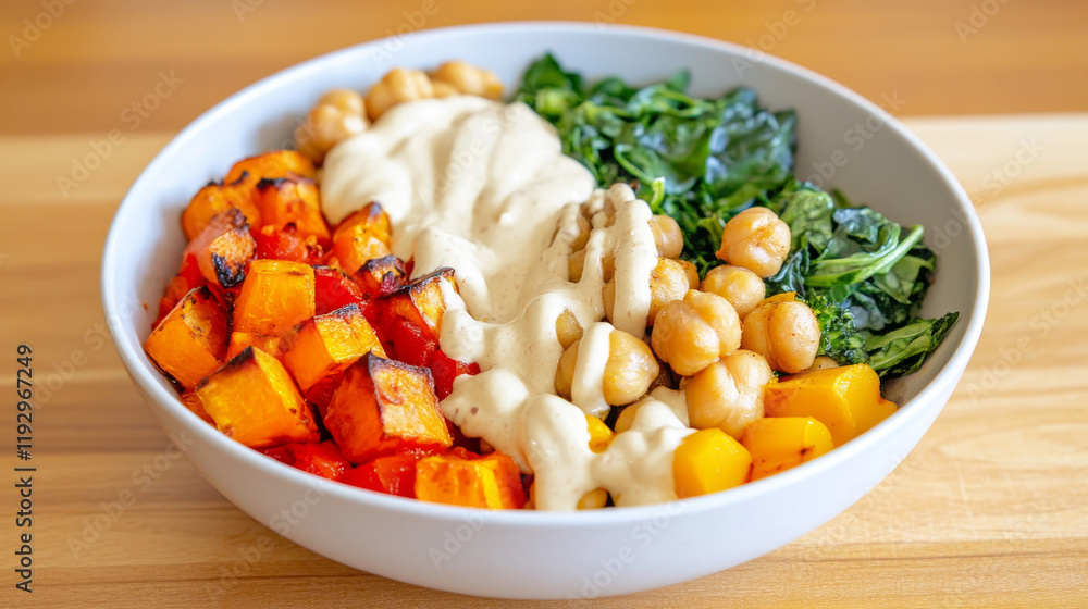 vibrant Buddha bowl filled with roasted vegetables, chickpeas, and tahini sauce, showcasing healthy eating vibrant Buddha bowl filled with roasted vegetables, chickpeas, and tahini sauce, showcasing healthy eating