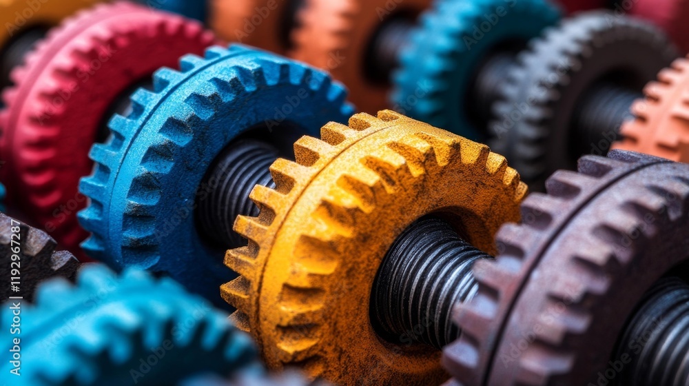 Colorful industrial gears closeup. Generative AI Colorful industrial gears closeup. Generative AI