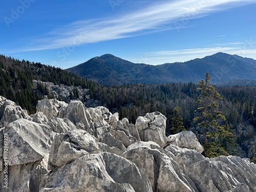 Limestone rocks and karst mountain landscape - Northern Velebit National Park, Croatia (Vapnenačke stijene i krški planinski krajolik - Nacionalni park Sjeverni Velebit, Hrvatska) photo