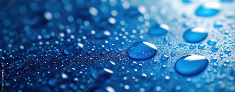 Close-Up View of Water Droplets on a Smooth Surface Showcasing a Beautiful Blend of Blue Tones with a Focus on Texture and Reflection in Natural Light